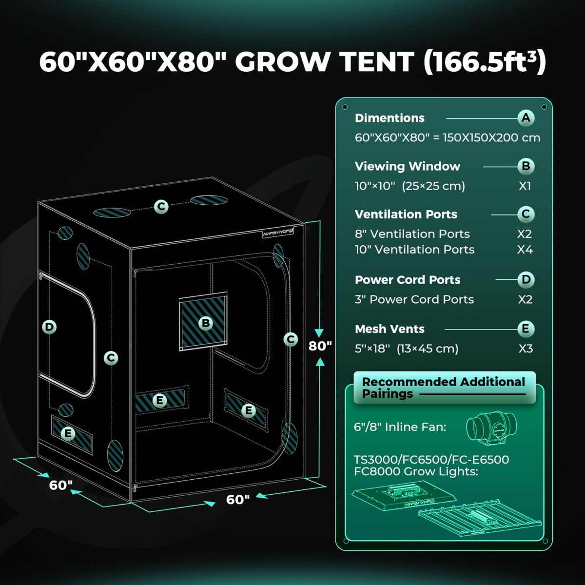 AI Grow HYDROPONIC 5X5 GROW TENT - 60''X60''X80'' (150X150X200CM)