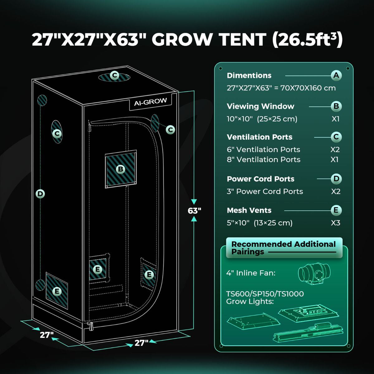 AI Grow HYDROPONIC 2X2 GROW TENT - 27''X27''X63'' (70X70X160CM)